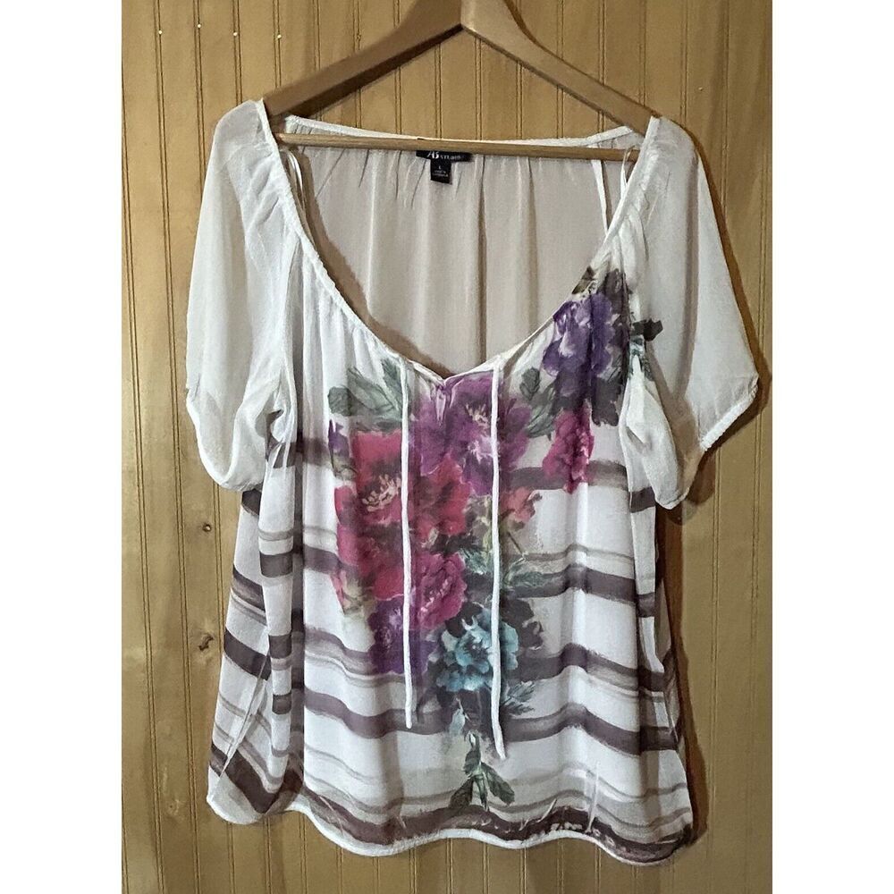 AB Studio Blouse Shirt Womens Large Sheer Relax Floral White Brown Pink Purple